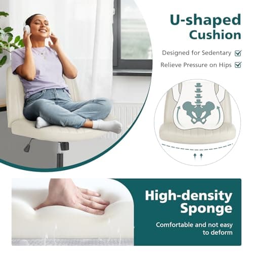 OLIXIS Criss Cross Chair with Wheels Wide Cross Legged Office Desk Vanity Chair Comfy Fabric Armless Adjustable Swivel for Home Computer Task PU Beige