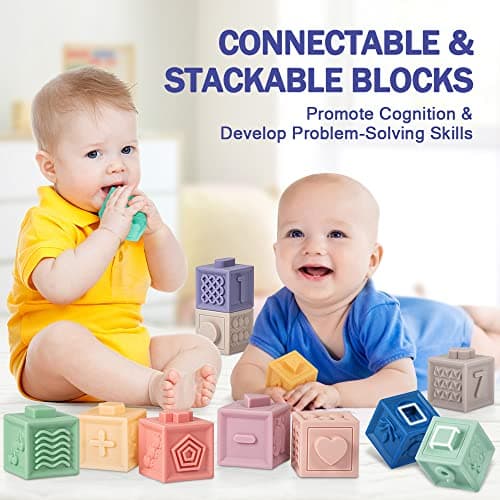 Jyusmile Baby Toys 6-12 Months, Montessori Toy for Babies 6-12 Months, Incl Stacking Building Blocks & Soft Infant Teething Toys & Sensory Balls for Toddlers 0-3-6-9-12 Month B0B2P5GK1Y