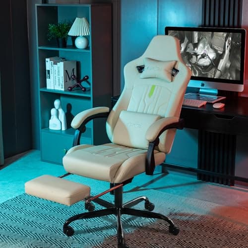 Gaming Chair with Footrest Ergonomic Computer Chair Massage Lumbar Cushion, Racing Video Game Chair Adjustable Rocker Recliner Executive Office Desk Chair Pu Leather for Adults