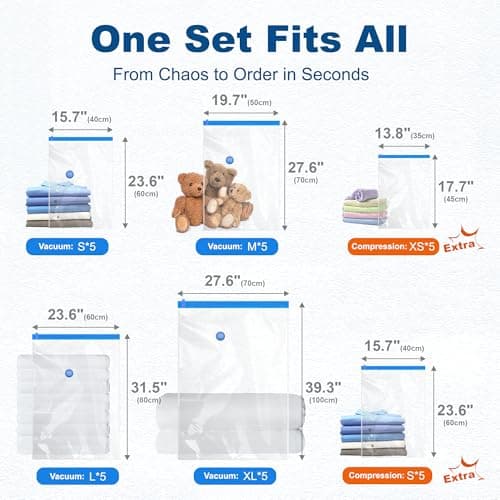 HOUSE DAY 30 Pack Vacuum Storage Bags with Electric Pump, 4 Sizes + 2 Roll-Up (5 Each), Space Saver Vacuum Seal Bags for Clothing, Bedding, Pillows, Travel – Airtight Seal, Reusable & Durable