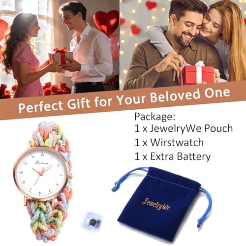 JewelryWe Womens Stretch Band Watches: Analog Quartz Elastic Watch Colorful Weave Rope Expansion Band Wristwatch for Valentine's Day