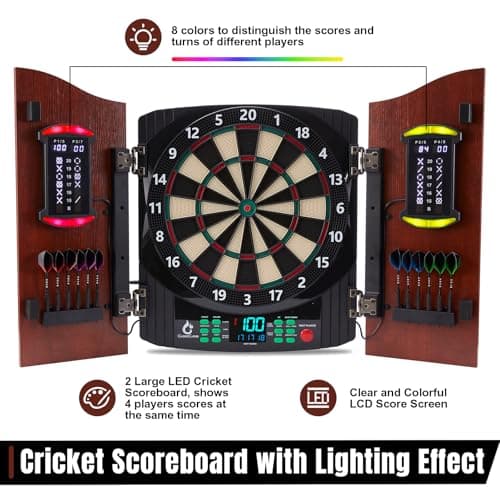 Electronic Dart Board with Wooden Door, Electric Dartboard with Heckler & Light Effects, Digital Soft Tip Dartboards for Game Room Man Cave Bar, 12 Darts, 100 Soft Tips