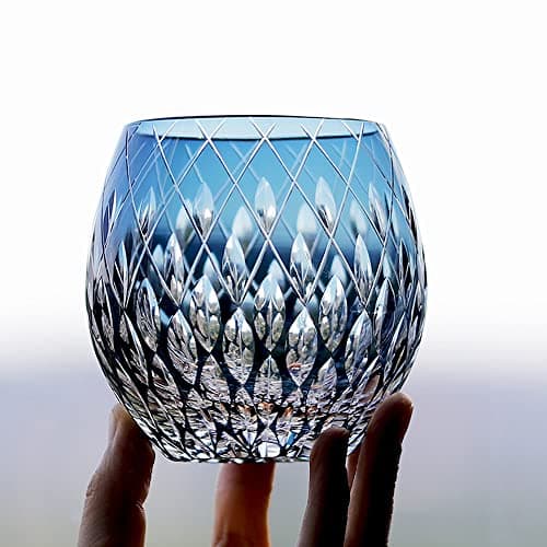 JINZHI Japanese Style EDO Kiriko Whiskey Glasses 11OZ Unique Shape Colored Hand Carved Glass Tumbler for Bourbon Lovers - Style Glassware for Rum - Rocks glasses in Gift Box (Blue)