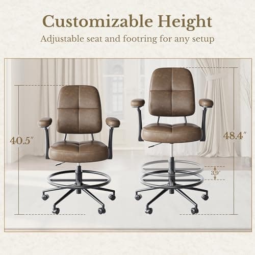 Drafting Executive Chair, Tall Office Chair with Padded Flip-Up Armrests, Mid-Back Cushioned Seat, 360° Swivel Rolling Computer Desk Chair for Standing Desk & Home Office, Vintage Brown