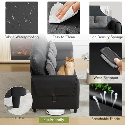 STHOUYN 88” Faux Leather Couch for Living Room, Black Office Couch Small Space, Comfy 3 Seater Couches Leather Sofa with High Backrest (Black)