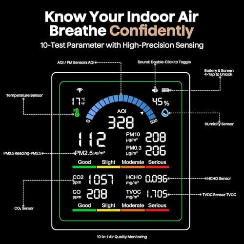 Air Quality Monitor Indoor, 10 in 1 Portable Smartair Quality Tester for CO2 | CO | TVOC | HCHO | Temp | AQI | PM0.3-1 Detection Suitable for Home, Cars, Plants, Pets and Hotels -White