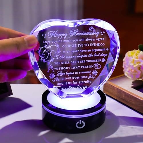 YWHL Wedding Anniversary Crystal Heart Gifts for Couple Parents, Happy Anniversary Marriage Gifts for Wife Husband Him Her Men Women with LED Base Romantic Presents for Girlfriend Boyfriend