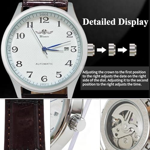 Gute Men's Watch, Mechanical Skeleton Steampunk Automatic Self-Winding Arabic Numeral Blue Hands Brown PU Leather Wrist Watch