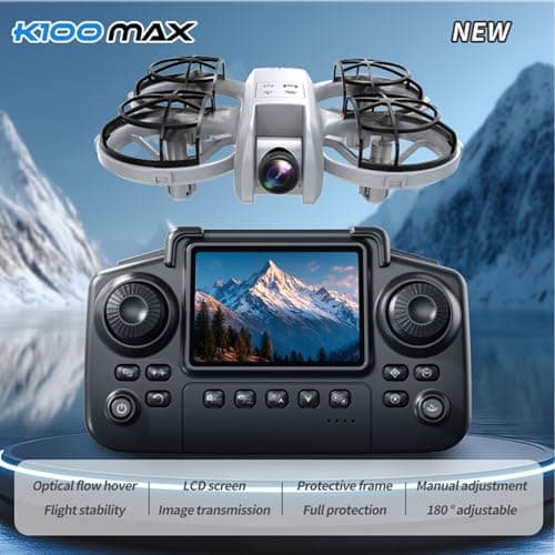 K100 Mini Drone with Screen Controller with SD Card, Two-batteries, Optical Flow Positioning, All-round Protection for Flight Paddles, Suitable for Beginner. (2 batteries - Black)