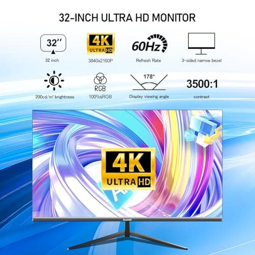 Gawfolk 32 Inch 4K UHD Computer Monitor, Ultra-Clear (3840×2160p) Screen, 100% sRGB,178° Viewing Angle, Display Port、HDMI, Compatible with Wall mounting 100 * 100MM - Black