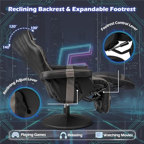 POWERSTONE Gaming Recliner, Adjustable Massage Gaming Chair with Cup Holder Footrest Ergonomic Single Sofa Living Room Home Theater Seating with Side Pouch (Grey)
