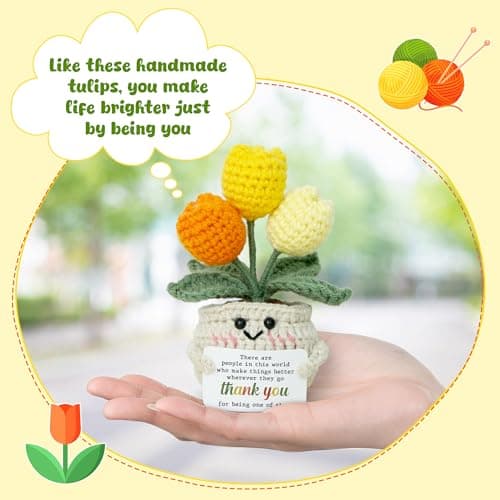 OASSIE Thank You Gifts for Women - Mini Handmade Positive Tulip Flowers Crochet with Message Card - Christmas Birthday Farewell Employee Appreciation Gifts for Coworkers, Emotional Support Crochet