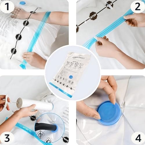 Amazon Basics Vacuum Compression Space Saving Storage Bags with Hand Pump for Travel, Multiple Sizes for Clothes and Blankets, Clear, 20 Pack (5 Small, 5 Medium, 5 Large & 5 Jumbo)