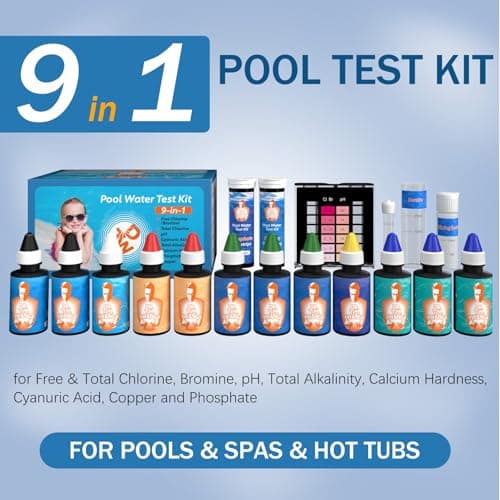 9 Way Pool Test Kit - Hot Tub and Spa Water Chemical Test Kit for pH & Total Chlorine & Free Chlorine & Bromine & Total Alkalinity & Calcium Hardness & Cyanuric Acid & Copper & Phosphate