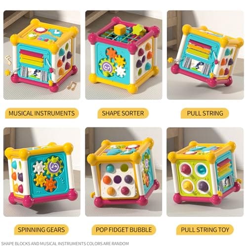 PANITU Baby Activity Cube, Cube Toys for Babies 6-12 Months, Toddler Music Busy Board with 4 Sensory Shape Blocks, 6-in-1 Educational Early Development Toy, Christmas, Birthday Gift for 1 Year Old
