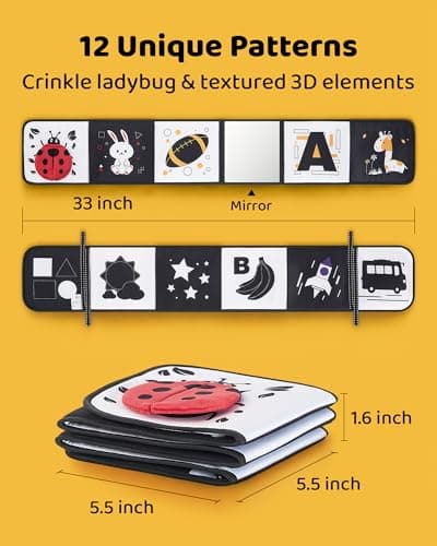 Newborn visual stimulation 0-6 months, Montessori sensory play, soft crinkle pages, folds flat, ties to crib and stroller Infinno High Contrast Baby Book, Black and White, Tummy Time Mirror Toy B0DHH7LGZT