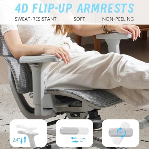 Ergonomic Office Chair with Footrest, High Back Mesh Computer Chair with Lumbar Support, 5-Level Backrest Height, 4D Flip-Up Arms for Home & Gaming Desk (Gray Mesh 3-Zone Lumbar Support+4D Armrest)
