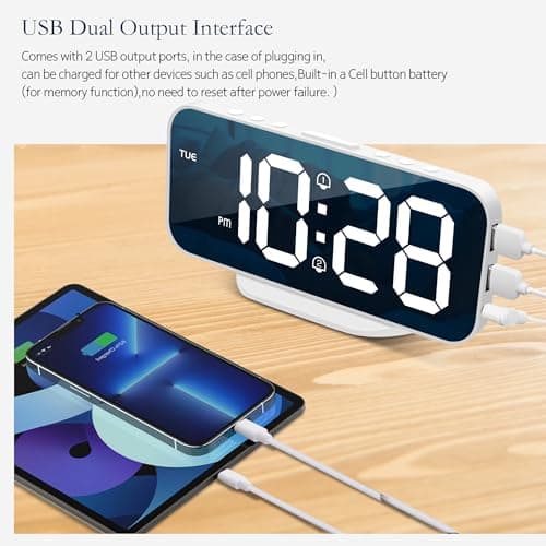 SMOUPING Digital Alarm Clock for Bedroom,6.7" LED Clock Mirror Surface with 2 USB Charger Port,Adjustable Brightness,Dual Alarm,Snooze,12/24H,Large Display Clock for Room Decor(White)