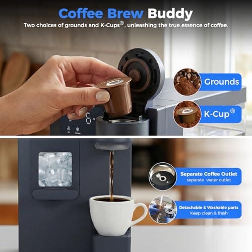3-in-1 Water Dispenser with Ice Maker - Coffee Maker Countertop Bullet Ice Maker with 12H Timer, Hot/Cold/Warm Adjustable Volume Water, K-Cup® Ground Coffee Brewer for Home Office Studio Gift