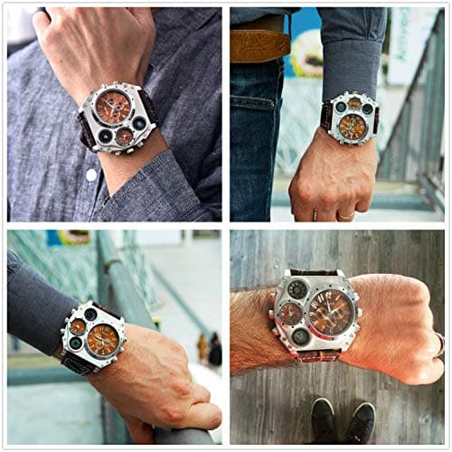Avaner Men's Leather Wrist Watches: Big Face Dual Time Zone Oversized Large Dial Leather Strap Analog Quartz Watch