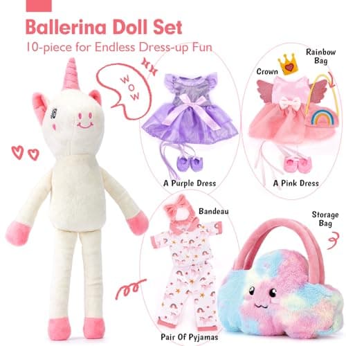 Ballet Dress up Doll with Plush Bag, 4 Year Old Girl Birthday Gifts 5 Year Old Kids Present, Airplane Travel Soft Plush Unicorns Toys for Girls Age 4-6, Ballerina Doll Stuffed Animal Girl Toy 4-5 B0DJQQY2YM