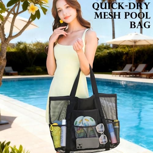 Fammart Mesh Beach Bag, Large Beach Tote with Zipper Pocket, Toys Pool Bag for Family Travel Vacation Cruise Essentials