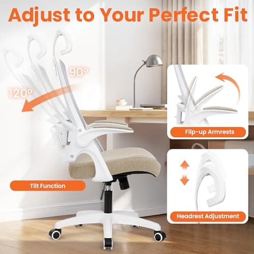 NEO CHAIR Office Desk Chair Gaming Computer High Back Support Mesh Comfy Seat with Adjustable Ergonomic Headrest Lumbar Rolling Flip-up Armrests and Wheels (Beige)