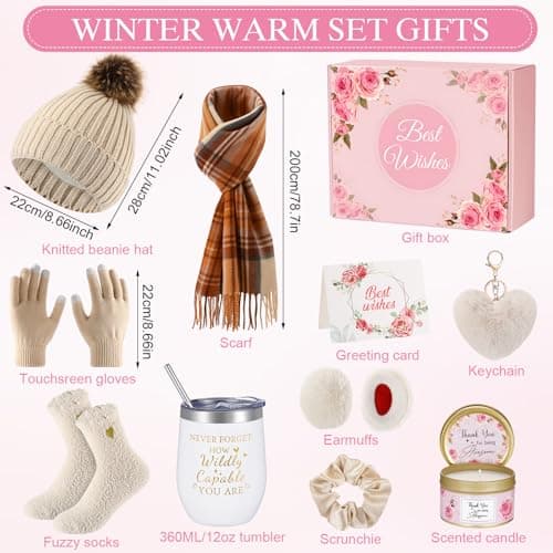 Patelai 11 Pcs Birthday Basket Gifts Set for Women Knitted Winter Beanie Hat Gloves Scarf Earmuff Tumbler Candle Fleece Socks