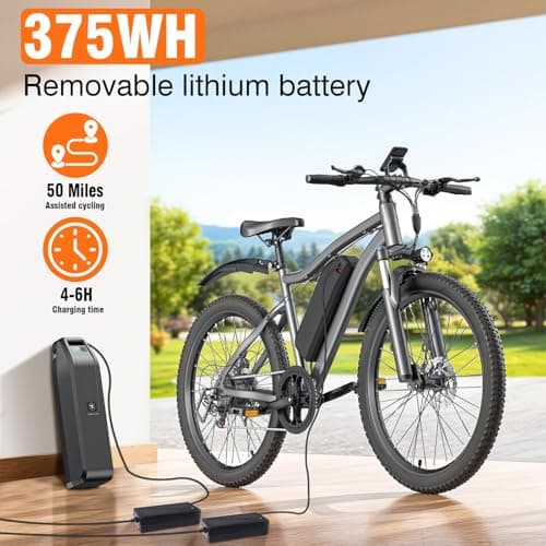 Electric Bike for Adults, 26" Commuter Ebikes with 7-Speed Gears, 25MPH Lightweight E Bike, 720W Peak Motor, 375Wh Removable Battery, 50 Miles Range, Electric Mountain Bicycle for All Terrain