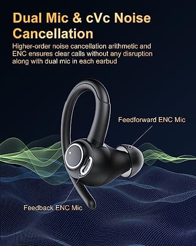 Wireless Earbuds, Bluetooth 5.4 Headphones Sport, Over Ear Buds With ENC Noise Cancelling Mic, 48H, Wireless Earphone With Earhooks, Stereo Deep Bass, IP7 Waterproof ear bud for Workout Running, Black