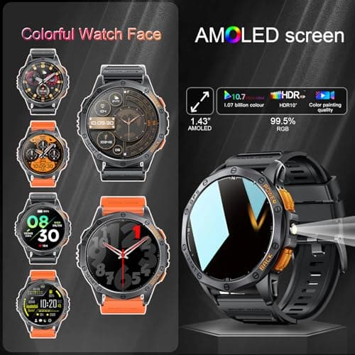 Military Smart Watches Built-in GPS, 170+ Sport Modes for Men with Flashlight, Smartwatch for Android Phones and iPhone, 1.43" AMOLED Screen Bluetooth Call Compass Altimeter (Black & Orange (2 Bands))