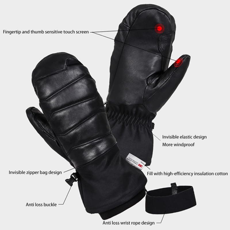 Harssidanzar Winter Leather Ski Mittens for Men Women Goatskin Outdoor Thermal Waterproof Insulation Gloves KM066US