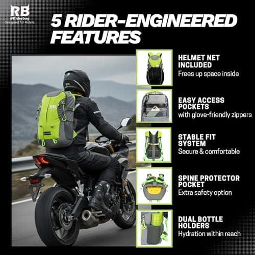 Reflective Motorcycle Backpack – Hi Viz EDC Commuter Bag for Riders, Night Travel, and Daily Use with Helmet Holder, Laptop Compartment, Ventilated Back, Urban Gear (green backpack)