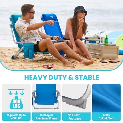 #WEJOY Beach Chair for Adults, Reclining Adjustable Position,Lay Flat Lightweight Folding Portable Aluminum Chair with Backpack Straps,Padded headrest, Heavy Duty 400 lbs Lawn Chair for Beach, 2 Pack