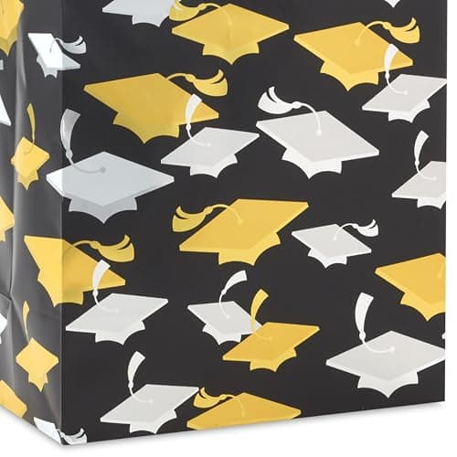 Hallmark 9" Medium Graduation Gift Bag with Tissue Paper (Gold and Silver Mortarboards on Black) for College, High School, 8th Grade, Kindergarten, Nurses