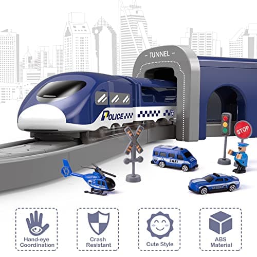 Train Sets for Toddlers, 66 Pcs Trains Toy with Battery Operated & Tracks (Magnetic Connection), Compatible with Thomas, Brio, Christmas Toy Gifts for 3 4 5 6 7 8 Years Old (Police)