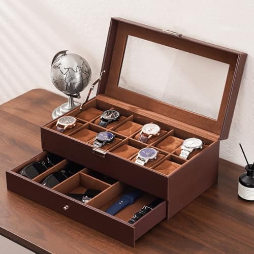 ProCase ProCase Watch Box, 12 Slot Mens Watch Case With Drawer, 2-Layer Watch Display Case With Glass Lid, Mens Jewelry Box Storage Holder Organizer, Birthday Valentine Gifts for Men -12Slot, Espresso