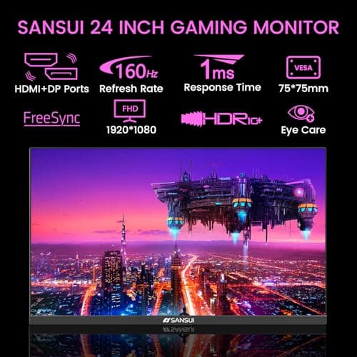 SANSUI 24" 1ms 160Hz Gaming Monitor, FHD 1080P Computer Screen, FreeSync Sync, 4000:1 Contrast, 110% sRGB, HDMI & DP Ports, VESA Mount, HDMI Cable Included