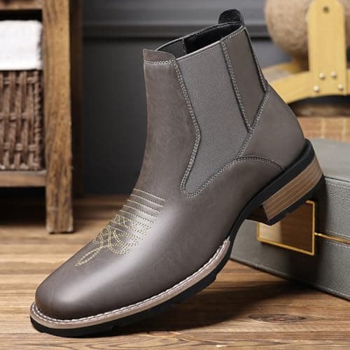 GHTRHSB Men's Western Cowboy Chelsea Boots, Classic Square Toe Cowboy Casual Work Ankle Boots,Slip On Casual Retro Stylish Boots