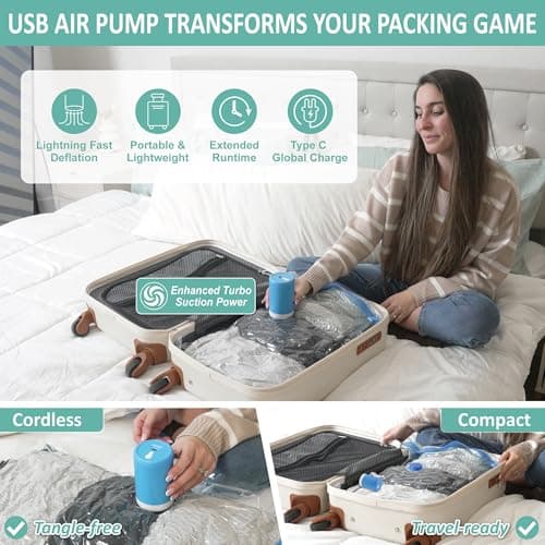 8 Pack Travel Vacuum Storage Bags with Rechargeable Wireless Electric Pump for Luggage, Suitcase, Carry-on Size Vacuum Seal Compression Space Saver Bags for Clothes and Clothing Travel