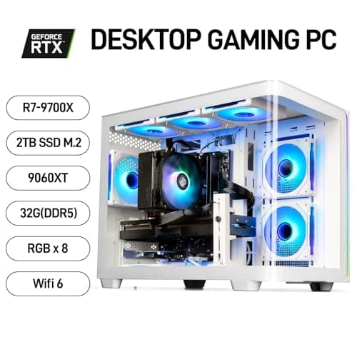 LXZ Gaming PC Desktop - Ryzen 7 9700X, Radeon RX 9060 XT 16GB, 32GB DDR5 RAM, 2TB NVMe 4.0 SSD, 850W PSU - Ready for 1440p & 4K 8K Gaming, VR, and Streaming Tower Computer (White)