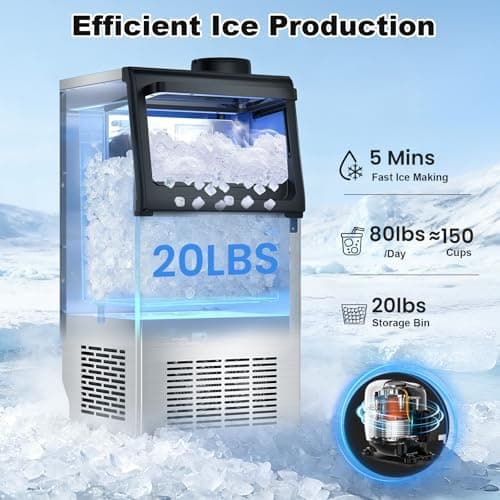 Nugget Ice Maker Machine Commercial, 80lbs/24h Undercounter Sonic Ice Machine with 20lbs Storage Bin & Dual Water Inlet, Chewable Pellet Ice for Restaurant Bar Home, Stainless Steel