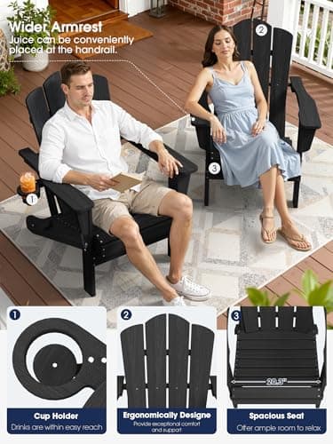 KINGYES Folding Adirondack Chair Set of 6, HDPE All-Weather Patio Chairs, Wooden Textured Lawn Chair for Poolside, Backyard, Deck, Fire Pit, Black