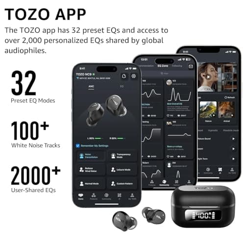 TOZO NC9 Hybrid Active Noise Cancelling Wireless Earbuds, 6 Mics ENC Clear Call, IPX8 Waterproof, in Ear Bluetooth 5.3 Headphones Stereo Bass Ear Buds 59H Playtime with LED Display 32 EQs via APP