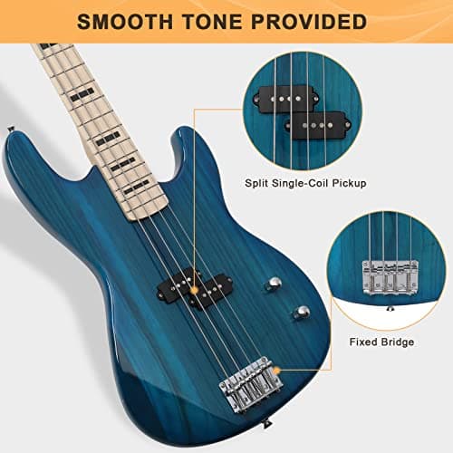 GLARRY GP Series Full Size Electric Bass Guitar 4 String Beginner Kit Canadian Maple Fingerboard with Cable, Strap, Bag and Accessories(Blue)