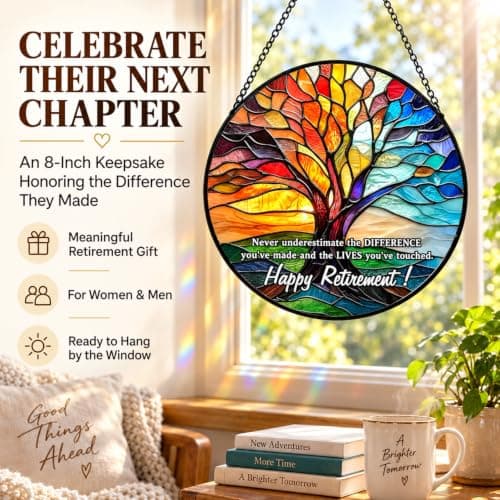 Retirement Gifts for Women Men- 8 Inch Stained Glass Suncatcher - Retirement Gift for Woman - Window Hanging Decor - Retired Gifts for Teacher, Nurse, Coworker, Boss, Employee B0H28SS623