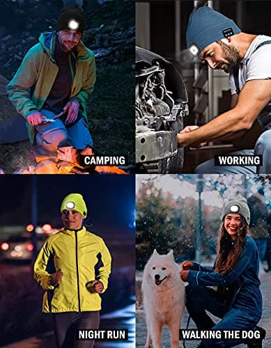 Bluetooth Hat with Light Cordless Headphones, USB Rechargeable, Hands-Free Headlamp For Dog Walking, Running, Outdoor Work Wmcaps Bluetooth Beanie with LED Light and Headphones, Christmas Tech Gifts B09DJVT3W3