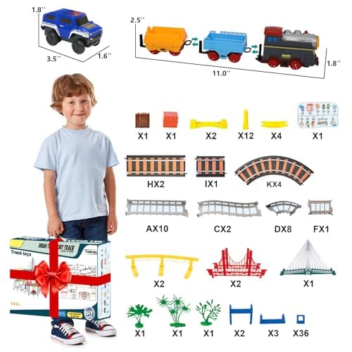 Electric Train Set for Kids Ages 4-8 with Train Tracks Set & Car Tracks Lights Up Bridge Road Sign Realistic Sound Train Track Accessories Playset Boy Toys Birthday 4 5 6 7 8+ Year Old