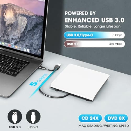 ROOFULL External CD DVD Drive for Mac Laptop, USB 3.0 & USB-C CD DVD Reader Writer Burner Player ROM/RW Portable Optical Disc Drive for Apple MacBook Pro, iMac, Windows 11/10/8/7 Computer PC, White