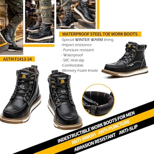 KELODON Waterproof Steel Toe Boots For Men-6" Leather Moc Toe Winter Warm Work Boots Mens Steel Toe Shoes Indestructible Non Slip Resistant Construction Safety Boot